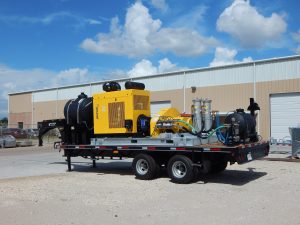 Jetstream HydroForce trailer unit for hydrostatic testing with integrated water tank and high-pressure pump.